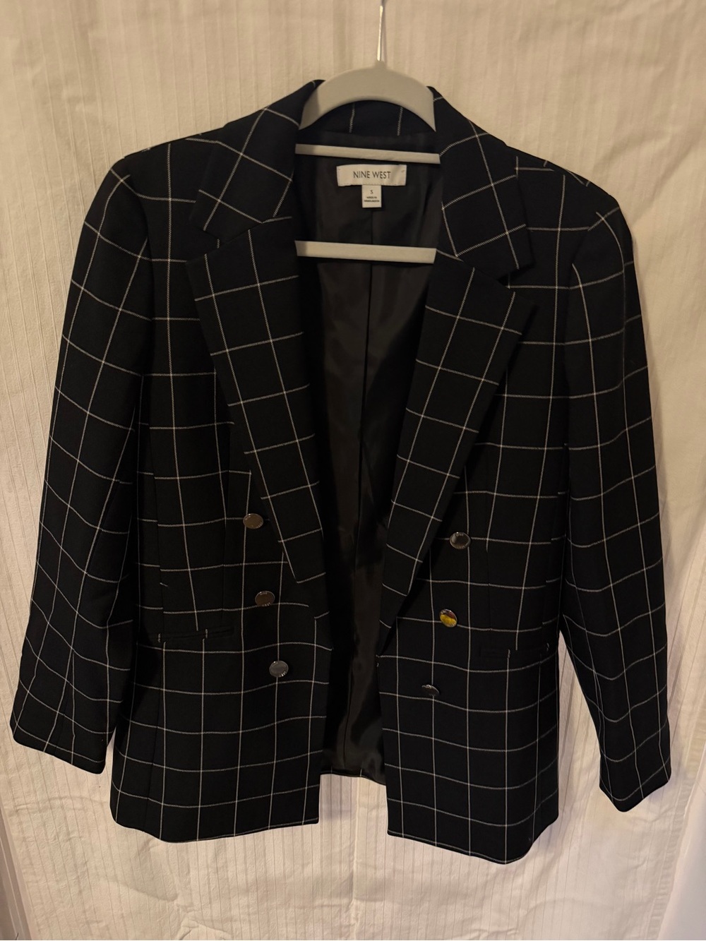 Nine West Black Windowpane Double-Breasted Blazer Jacket